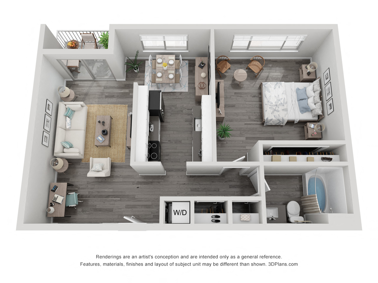 Floor plan for 1 bed, 1 bath, 750 sqft